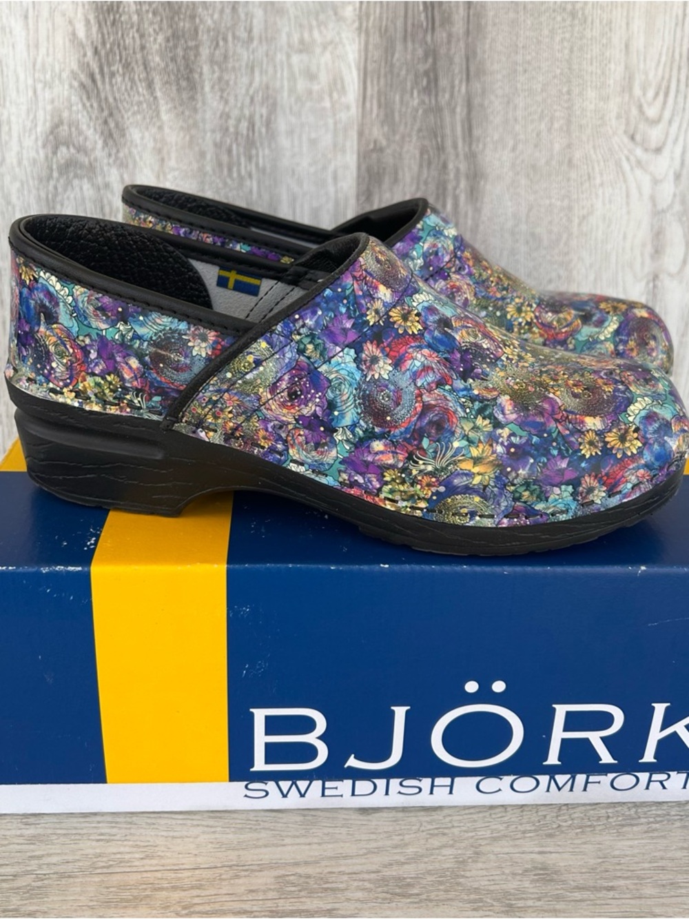 Bjork Swedish Professional  Leather Clogs Womens 7 7.5 38 Blue Floral Fleur New
